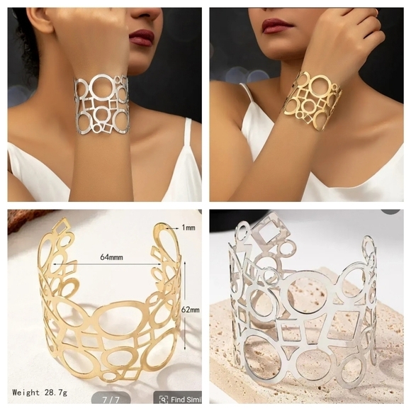 Cuff Bracelet 14K Gold Plated Art Deco Geometric Design - Picture 3 of 8